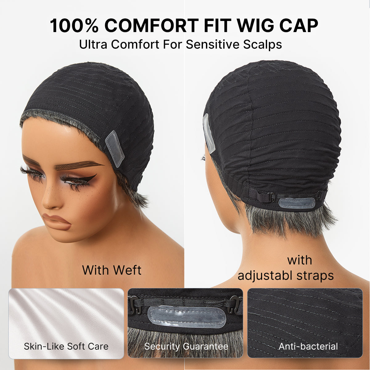 Salt & Pepper 100% Human Hair Short Pixie Cut Glueless Wig with Bangs Ultra Comfort Skin-Like Soft Care Hair Loss Friendly-21