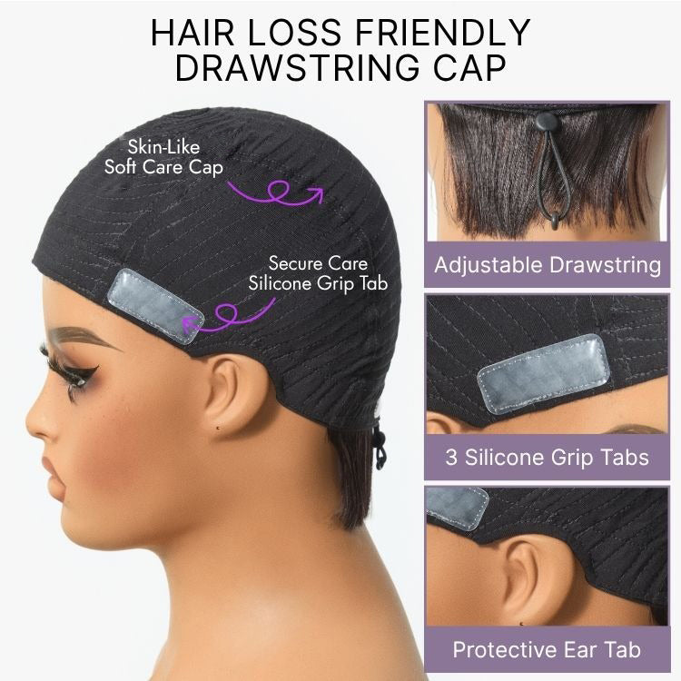 Throw On & Go Brown Highlight Short Curly with Bangs Wig Ultra Comfort Skin-Like Soft Care Glueless Hair Loss Friendly Wig-21