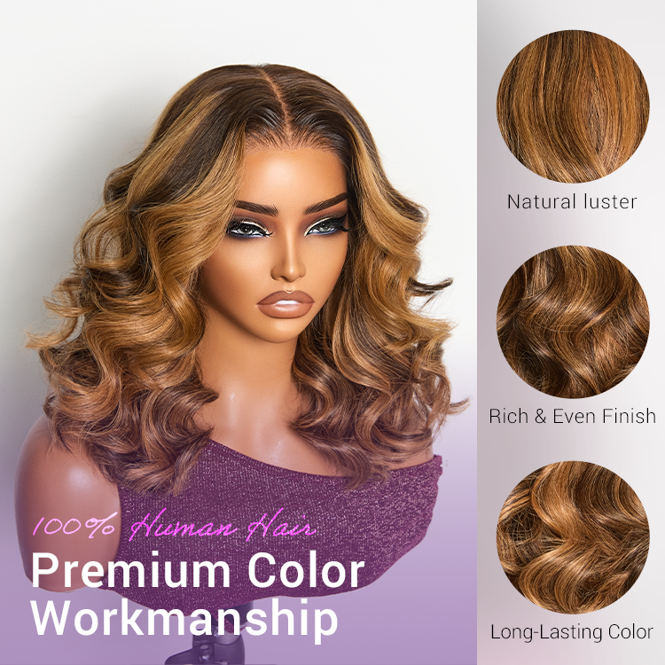 Sun-Kissed Warm Tone Brown with Blonde Highlights 180% Density Loose Wave Glueless 5x5 Closure Lace Wig Pre-Cut Lace-02
