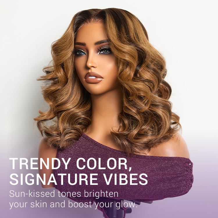 Sun-Kissed Warm Tone Brown with Blonde Highlights 180% Density Loose Wave Glueless 5x5 Closure Lace Wig Pre-Cut Lace-03