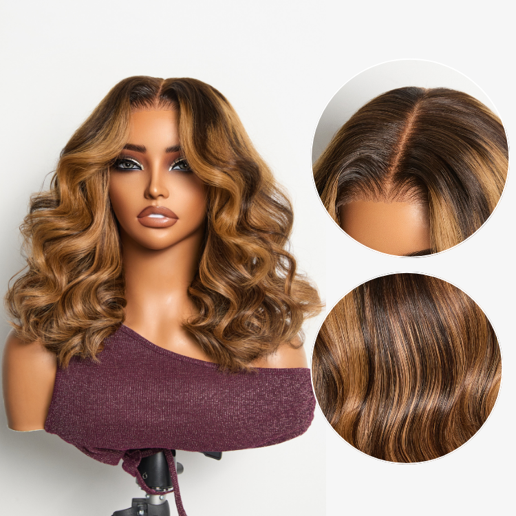 Sun-Kissed Warm Tone Brown with Blonde Highlights 180% Density Loose Wave Glueless 5x5 Closure Lace Wig Pre-Cut Lace-01