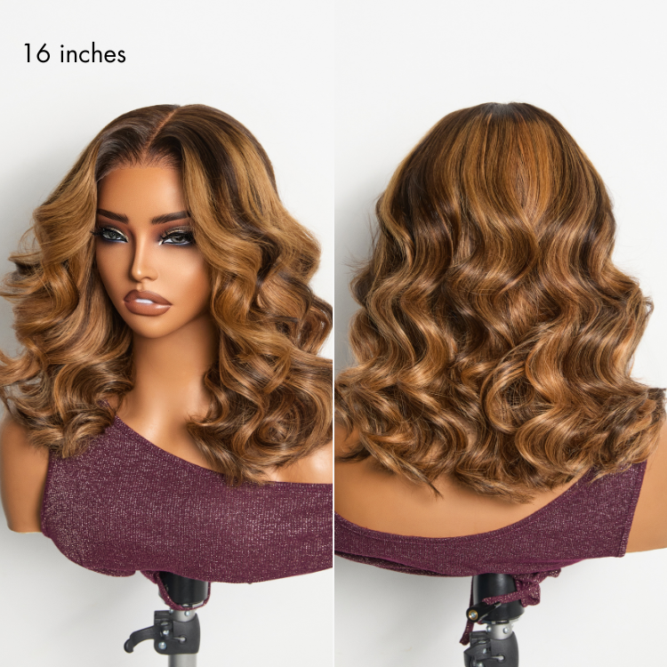 Sun-Kissed Warm Tone Brown with Blonde Highlights 180% Density Loose Wave Glueless 5x5 Closure Lace Wig Pre-Cut Lace-13