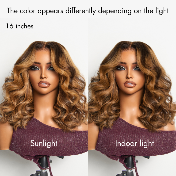 Luvme Hair loose wave lace closure wig with warm brown and blonde highlights, 180% density, pre-cut 5x5 glueless lace.