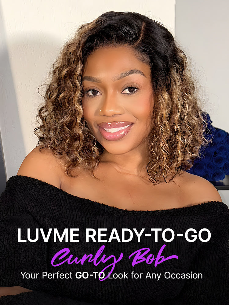 Weekly Special | Ready to Go Blonde Highlight / Natural Black Water Wave Short Curly Bob Wig Glueless Minimalist HD Lace Wig Pre-Cut Lace-23