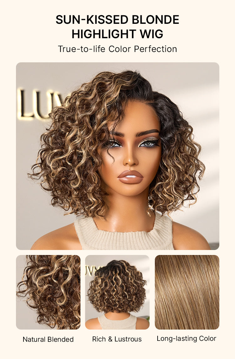 Ready to Go Blonde Highlight / Natural Black Water Wave Short Curly Bob Wig Glueless Minimalist HD Lace Wig Pre-Cut Lace-26