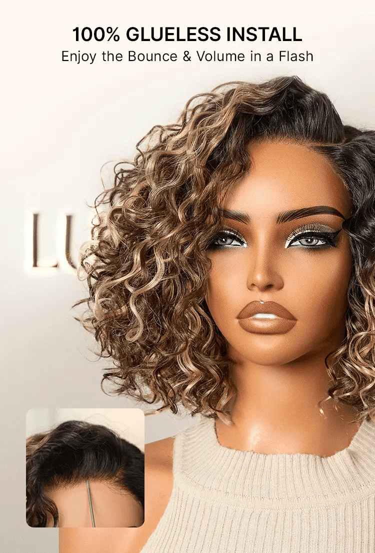VIP ONLY | Ready to Go Blonde Highlight / Natural Black Water Wave Short Curly Bob Wig Glueless Minimalist HD Lace Wig Pre-Cut Lace-26