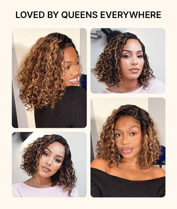 VIP ONLY | Ready to Go Blonde Highlight / Natural Black Water Wave Short Curly Bob Wig Glueless Minimalist HD Lace Wig Pre-Cut Lace-27