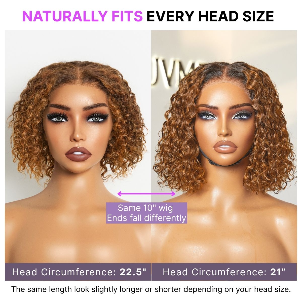 Luvme Hair 5x5 closure wig with deep curly style, warm caramel brown, natural black, and blonde highlights, glueless lace wig.