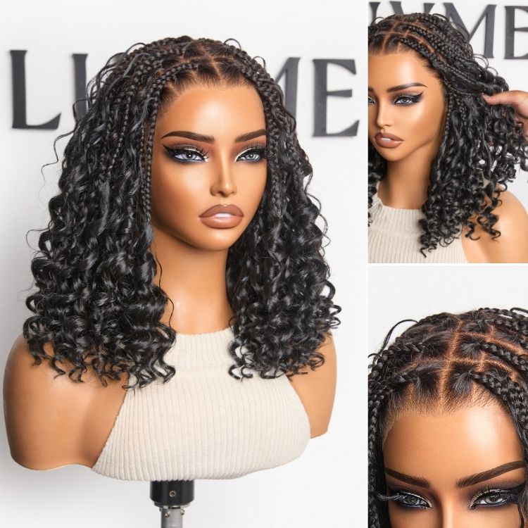 Tiktok Exclusive Deal | HD Full Lace Knotless Boho Curls Braided Bob Wig Flexi Fit Invisi Drawstring Cap-20