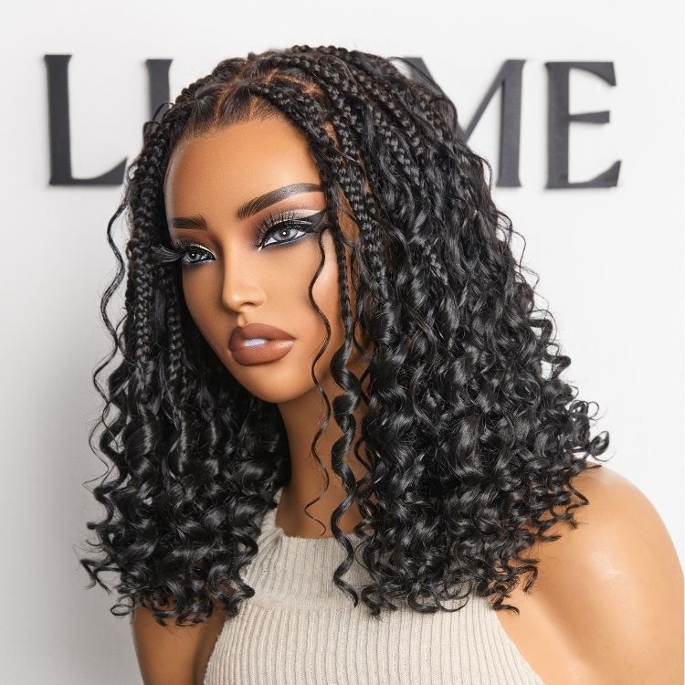 Tiktok Exclusive Deal | HD Full Lace Knotless Boho Curls Braided Bob Wig Flexi Fit Invisi Drawstring Cap-22