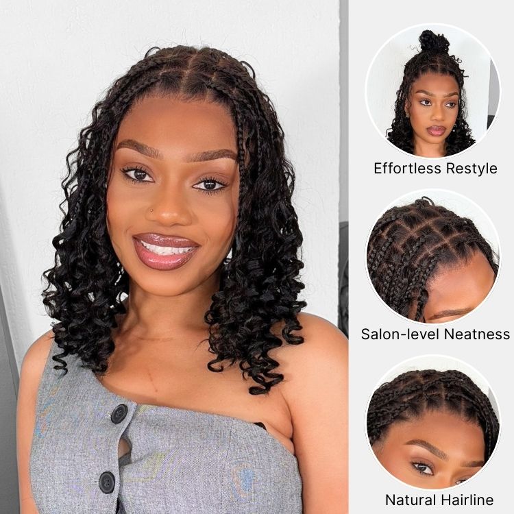 Tiktok Exclusive Deal | HD Full Lace Knotless Boho Curls Braided Bob Wig Flexi Fit Invisi Drawstring Cap-21