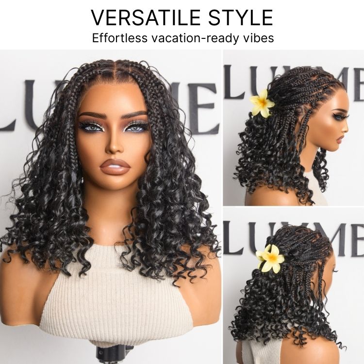 Tiktok Exclusive Deal | HD Full Lace Knotless Boho Curls Braided Bob Wig Flexi Fit Invisi Drawstring Cap-18