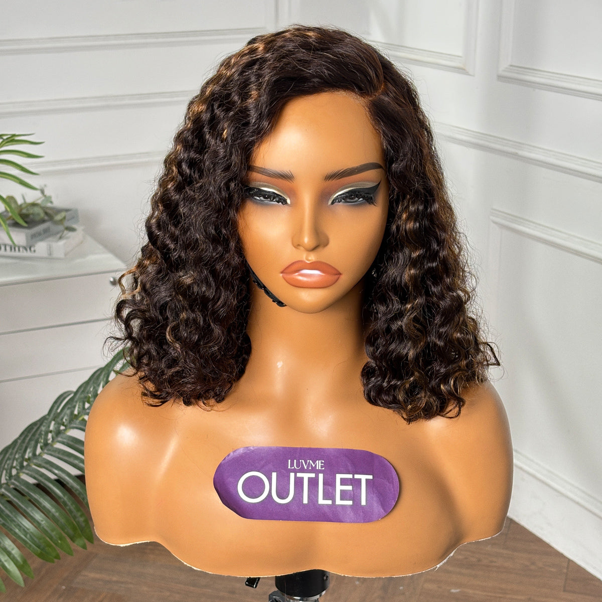 Luvme Hair curly lace wig with chestnut brown highlights, minimalist short style, pre-cut lace, glueless C-part design