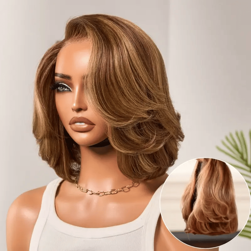 Luvme Hair Toffee Brown Mix Blonde and Natural Black layered bob wig with 5x5 lace closure, glueless design, and layered cut.