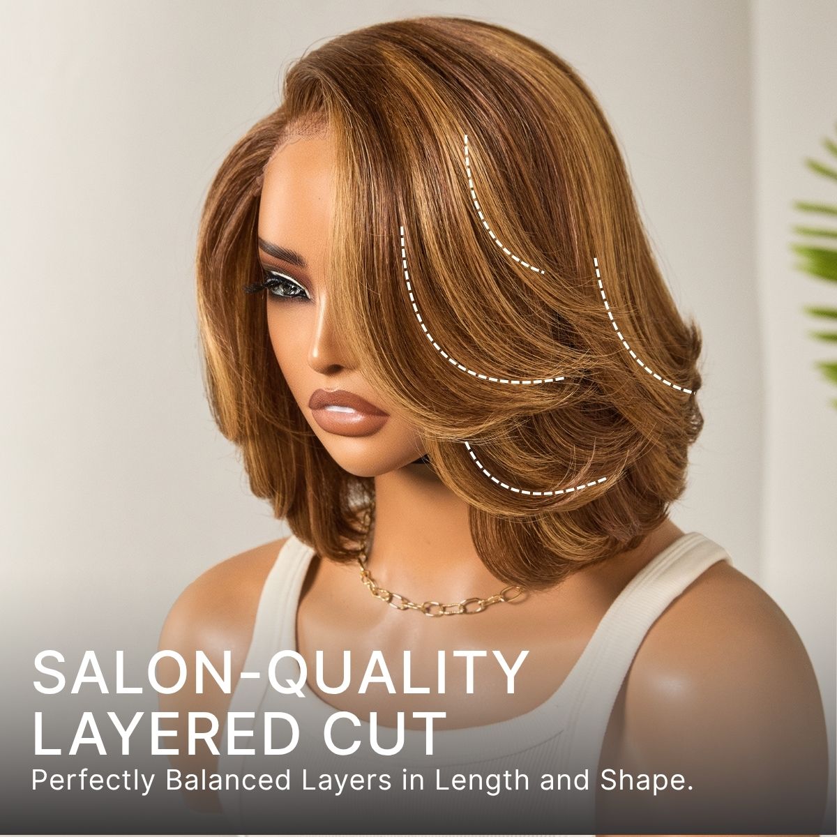 Luvme Hair Toffee Brown Mix Blonde and Natural Black layered lace bob wig with 5x5 closure, glueless design.