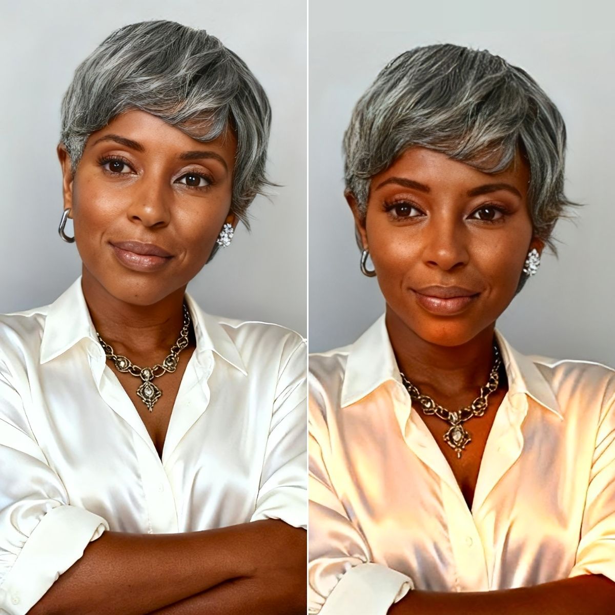 Salt & Pepper 100% Human Hair Short Pixie Cut Glueless Wig with Bangs Ultra Comfort Skin-Like Soft Care Hair Loss Friendly-23