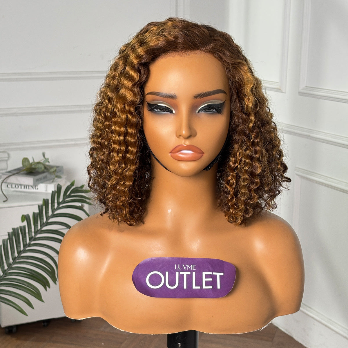 Luvme Hair curly brown bob wig with 13x4 lace front, mix of colors, short style, pre-cut lace for easy wear