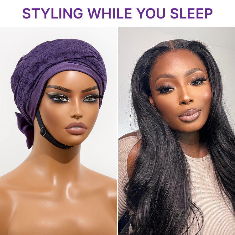 Luvme Hair satin wrap bonnet for long hair, designed to reduce frizz and create effortless waves overnight.