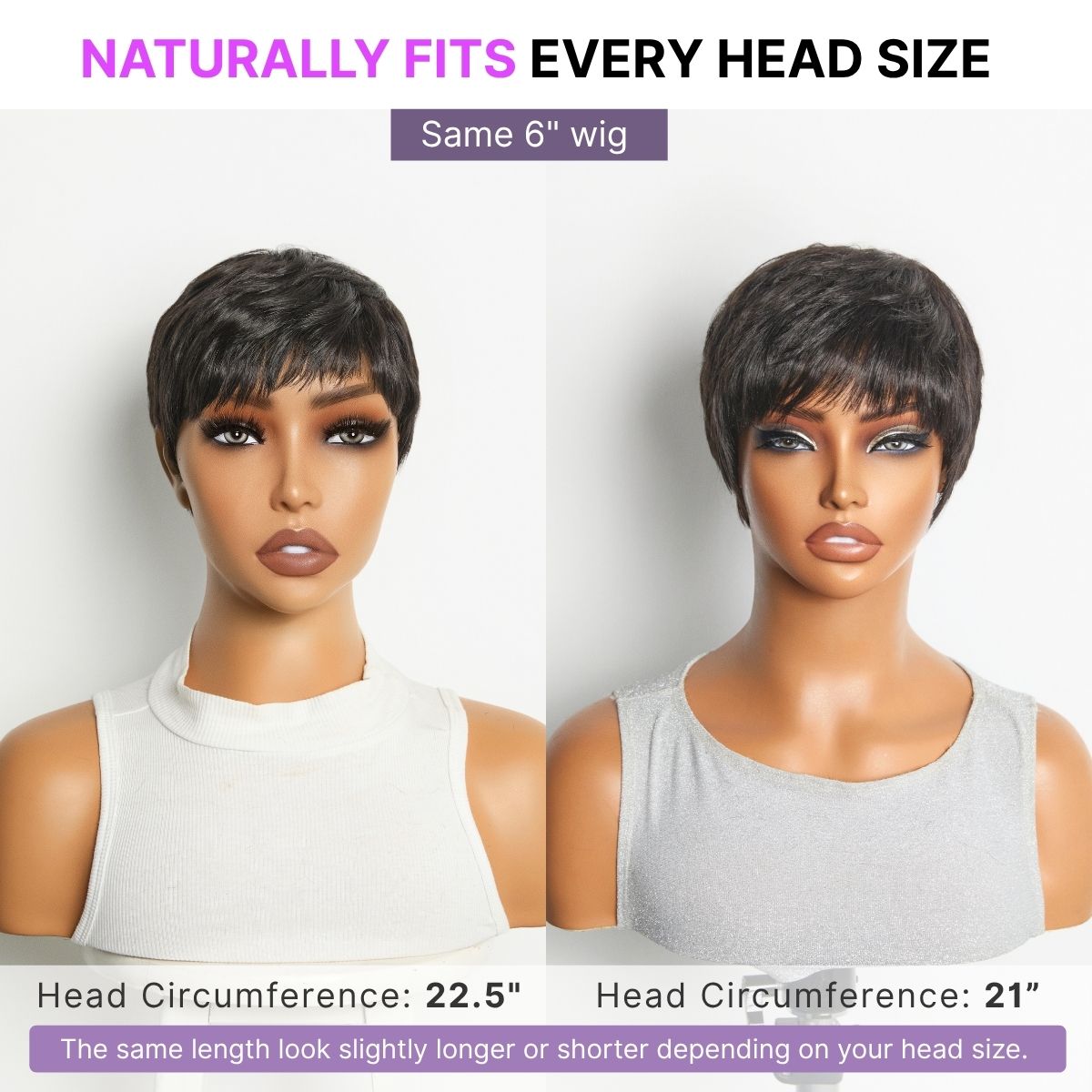 Luvme Hair throw-on-and-go short wig with bangs, skin-like soft, glueless, ultra-comfort, hair loss friendly, natural look.