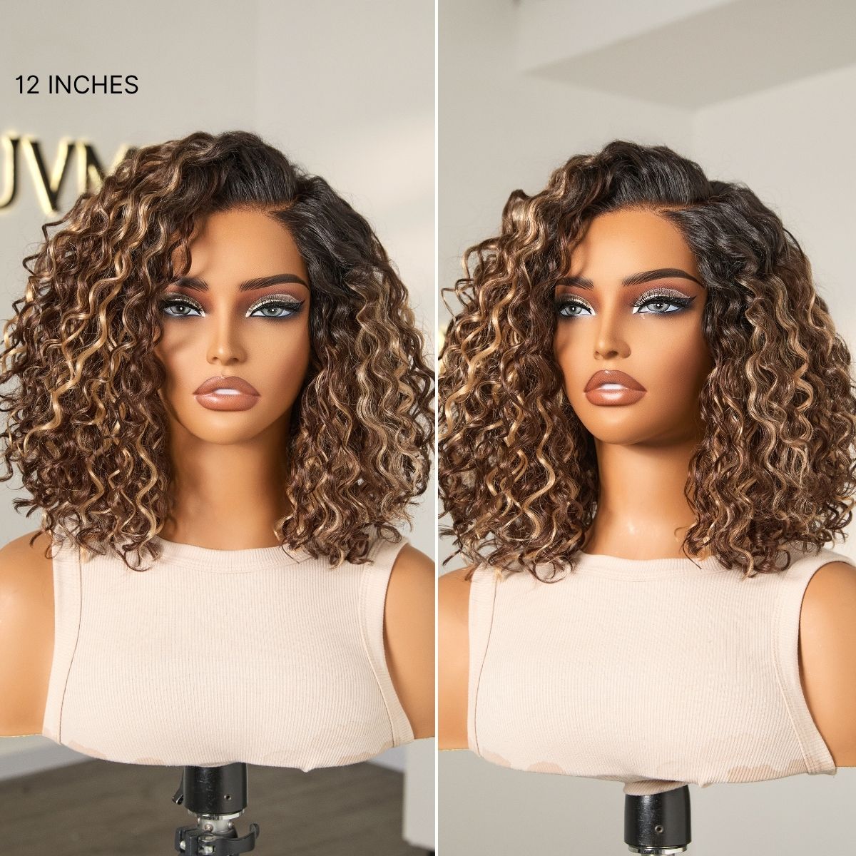 Ready to Go Blonde Highlight / Natural Black Water Wave Short Curly Bob Wig Glueless Minimalist HD Lace Wig Pre-Cut Lace-36