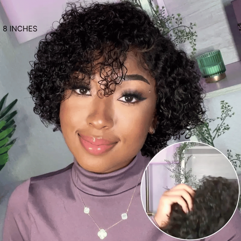 Luvme trendy short cut curly HD lace glueless side part wig made of 100% human hair with pre-cut lace, minimalist style.