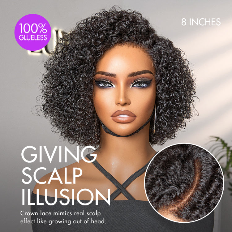 Luvme trendy short cut curly HD lace glueless side part wig made of 100% human hair with pre-cut lace, minimalist style.
