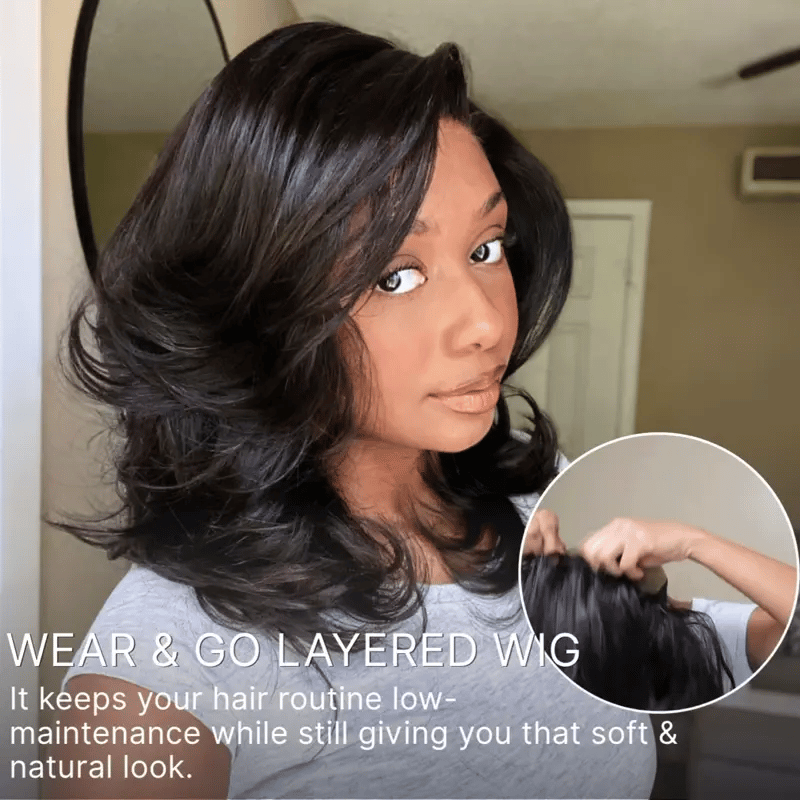 Luvme Hair butterfly cut layered wavy short wig with glueless HD lace, minimalist design, and chic, effortless style.