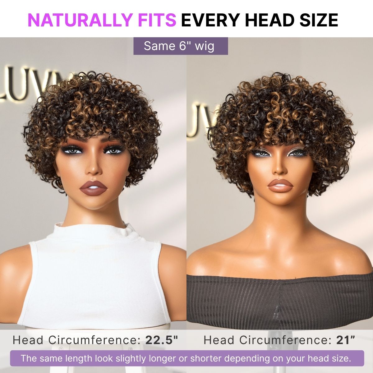Luvme Hair brown highlight curly short wig with bangs, soft skin-like comfort, glueless design, suitable for hair loss concealment.