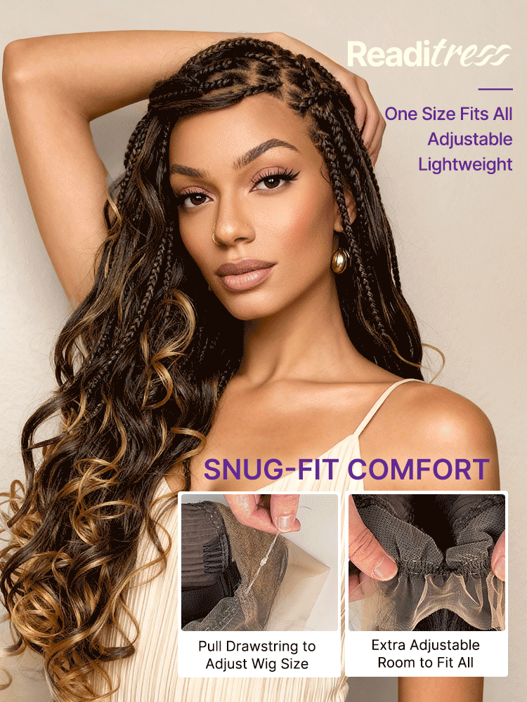Weekly Special | Readitress™ Ombre Honey Blonde French Curl Knotless Boho Braids HD Full Lace Long Wig Flexi Fit Invisi Drawstring Cap - US Only-17