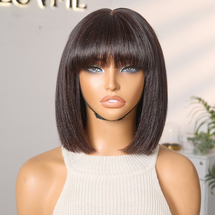 Luvme 8-inch curly and 10-inch yaki straight minimalist lace wigs, pre-cut HD lace for a natural look, displayed on a mannequin.