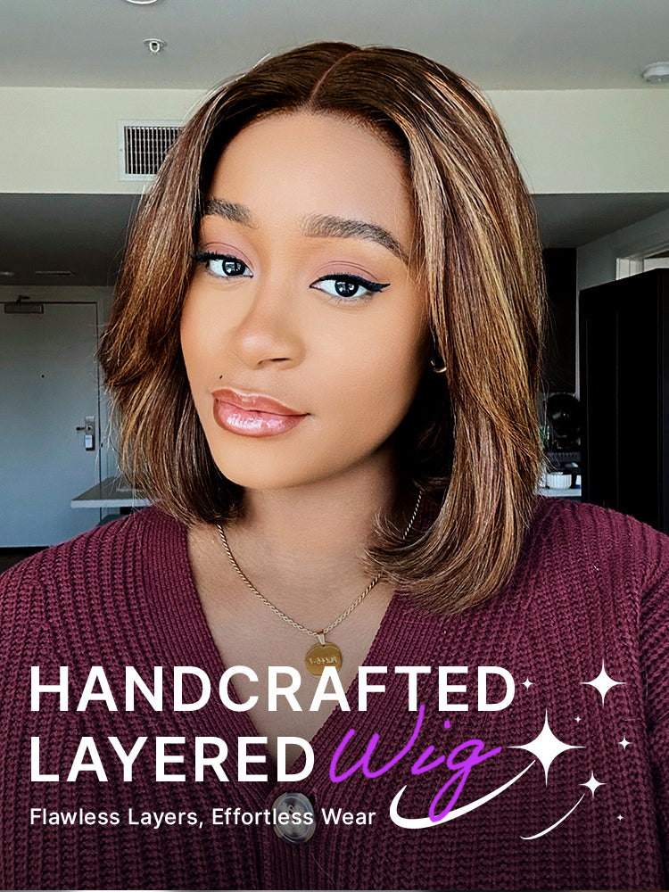 Blonde Highlight / Brown Highlight Short Layered Bob Wig Glueless 5x5 Closure Pre-Cut Lace Wig-21