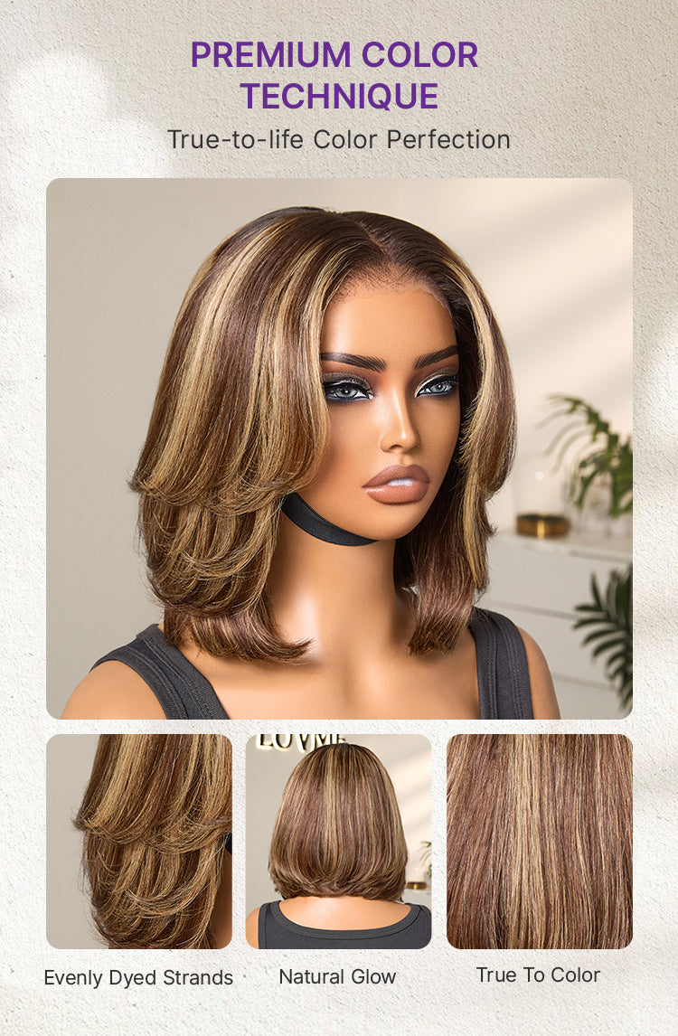 Blonde Highlight / Brown Highlight Short Layered Bob Wig Glueless 5x5 Closure Pre-Cut Lace Wig-29