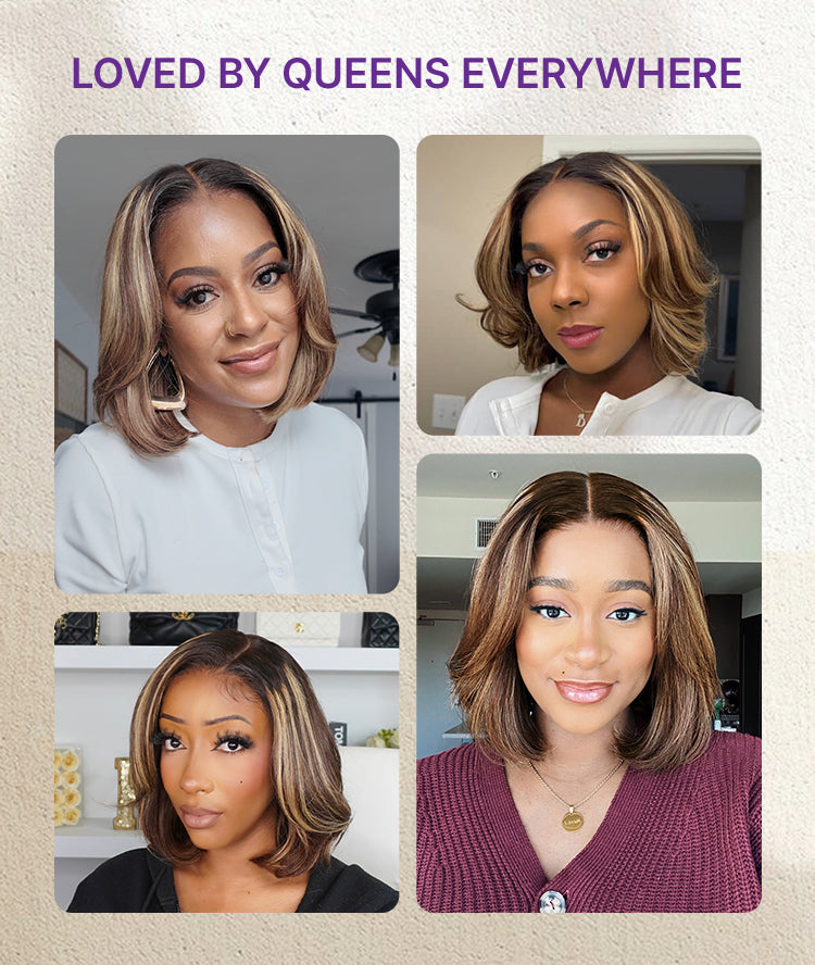 Blonde Highlight / Brown Highlight Short Layered Bob Wig Glueless 5x5 Closure Pre-Cut Lace Wig-31