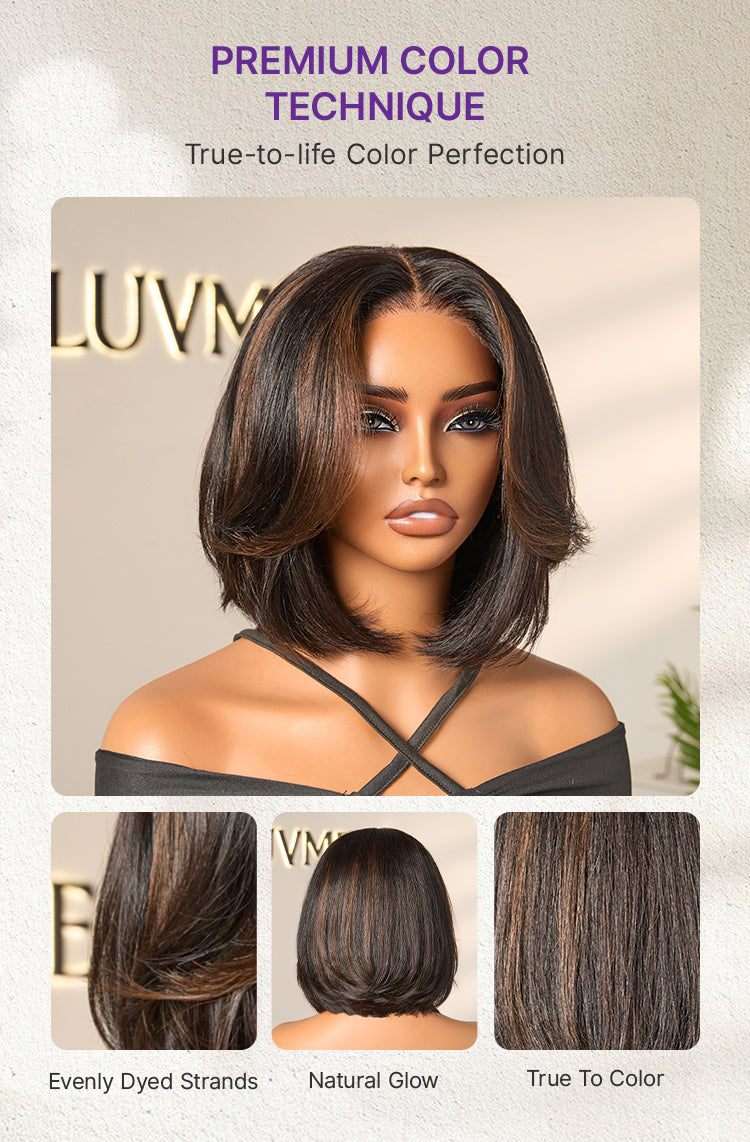 Brown Highlight Silky Short Bob Wig Layered Cut Human Hair Glueless 5x5 Closure Pre-Cut Lace Wig-13