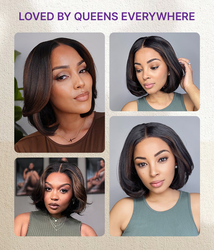 Brown Highlight Silky Short Bob Wig Layered Cut Human Hair Glueless 5x5 Closure Pre-Cut Lace Wig-15