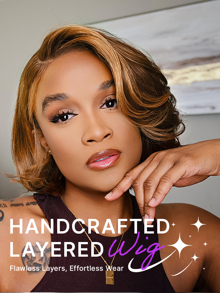 Limited Design | Toffee Brown Mix Blonde / Natural Black Layered Cut Glueless 5x5 Closure Lace Bob Wig