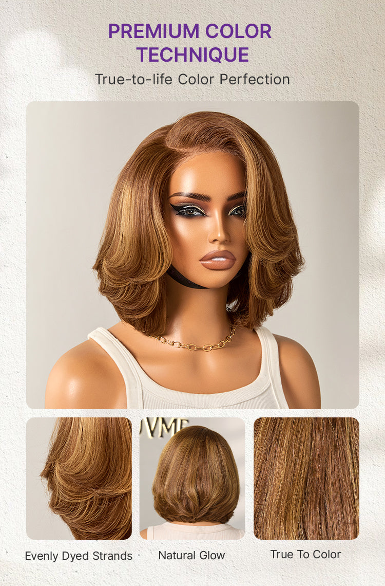 Limited Design | Toffee Brown Mix Blonde / Natural Black Layered Cut Glueless 5x5 Closure Lace Bob Wig-28