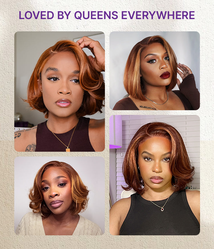 Limited Design | Toffee Brown Mix Blonde / Natural Black Layered Cut Glueless 5x5 Closure Lace Bob Wig