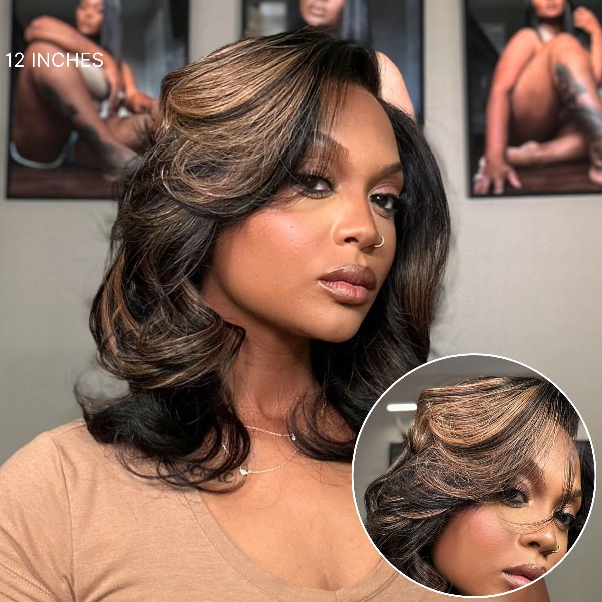 Brown Highlight Layered Wavy Butterfly Haircut Glueless Minimalist HD Lace Wig Pre-Cut Lace-12