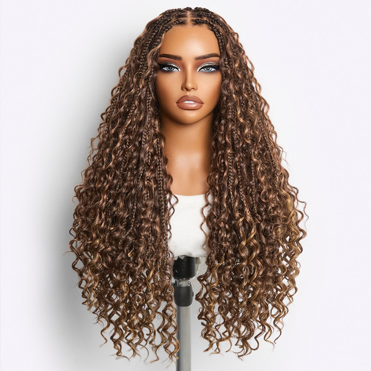 Readitress Mix Blonde Light Weight Flexi-Fit Invisi Drawstring Cap Full Lace Knotless Boho Curls Braided Long Wig Super Natural Scalp-01