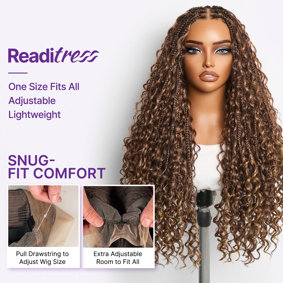 Readitress Mix Blonde Light Weight Flexi-Fit Invisi Drawstring Cap Full Lace Knotless Boho Curls Braided Long Wig Super Natural Scalp-08