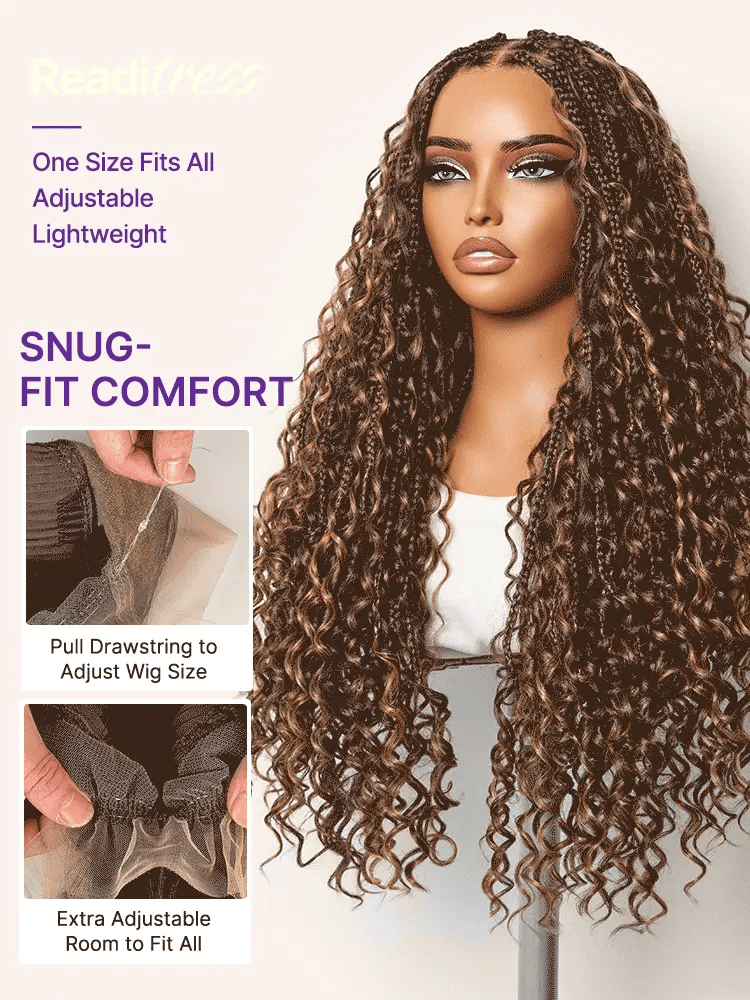 Readitress Mix Blonde Light Weight Flexi-Fit Invisi Drawstring Cap Full Lace Knotless Boho Curls Braided Long Wig Super Natural Scalp-12