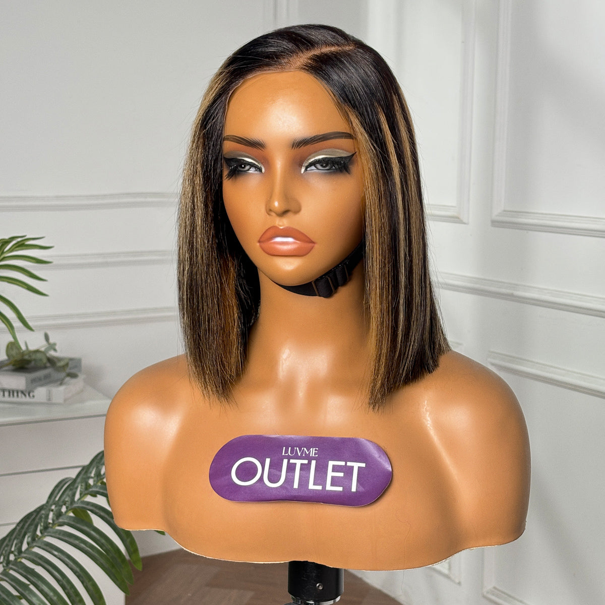Luvme Hair brown highlight wide T lace bob wig with pre-cut lace, 100% human hair, showcasing the wig's natural style and color.