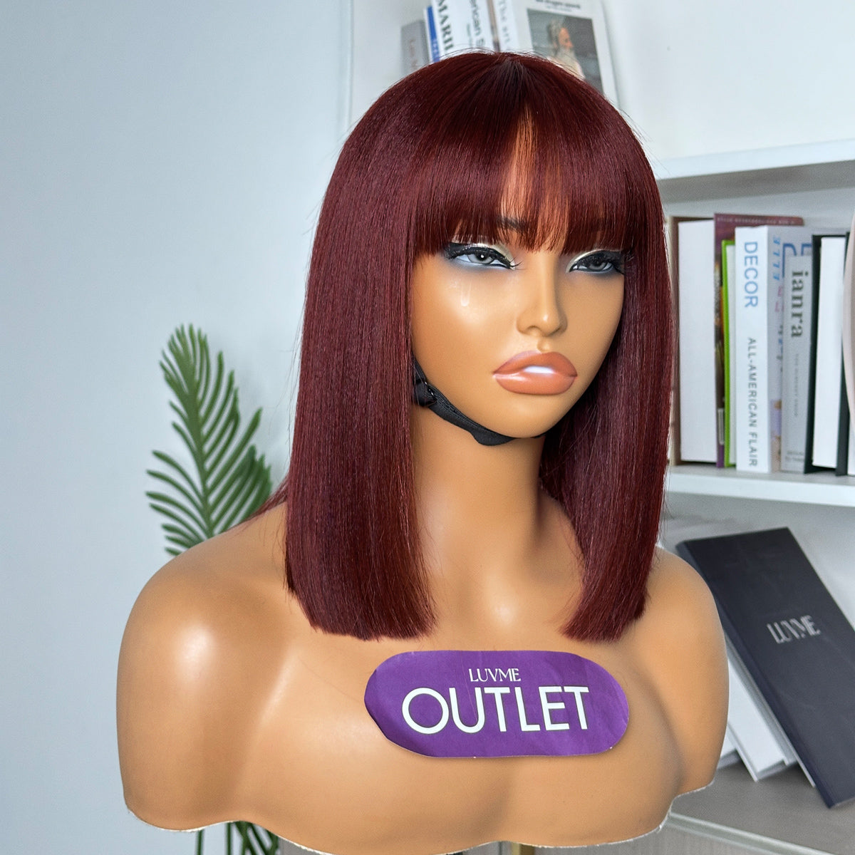 Reddish purple Yaki straight lace bob wig by Luvme Hair, glueless design, 100% human hair, minimalist style