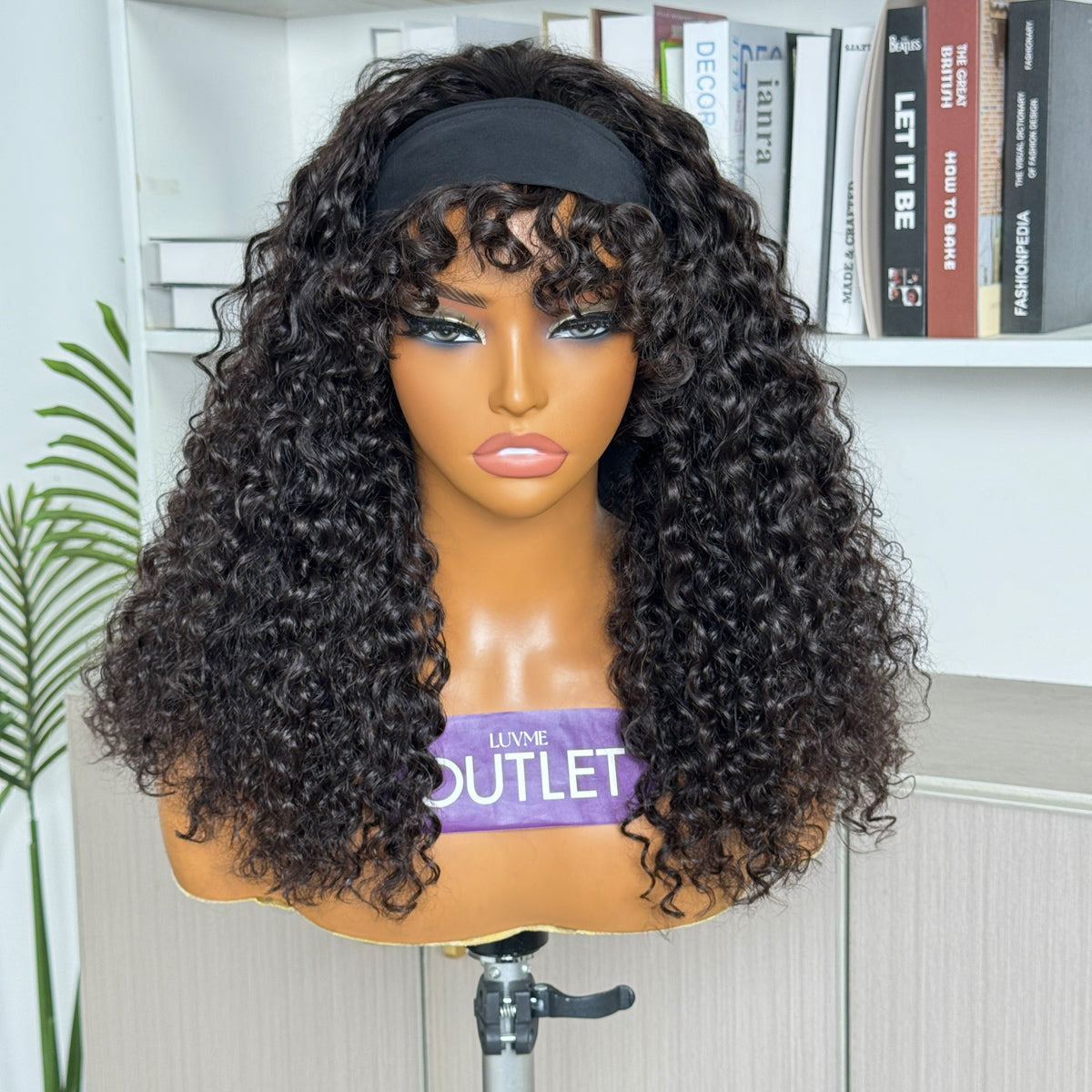 Outlet | Natural Black Water Wave With Bangs Glueless Headband Wig 100% Human Hair-01
