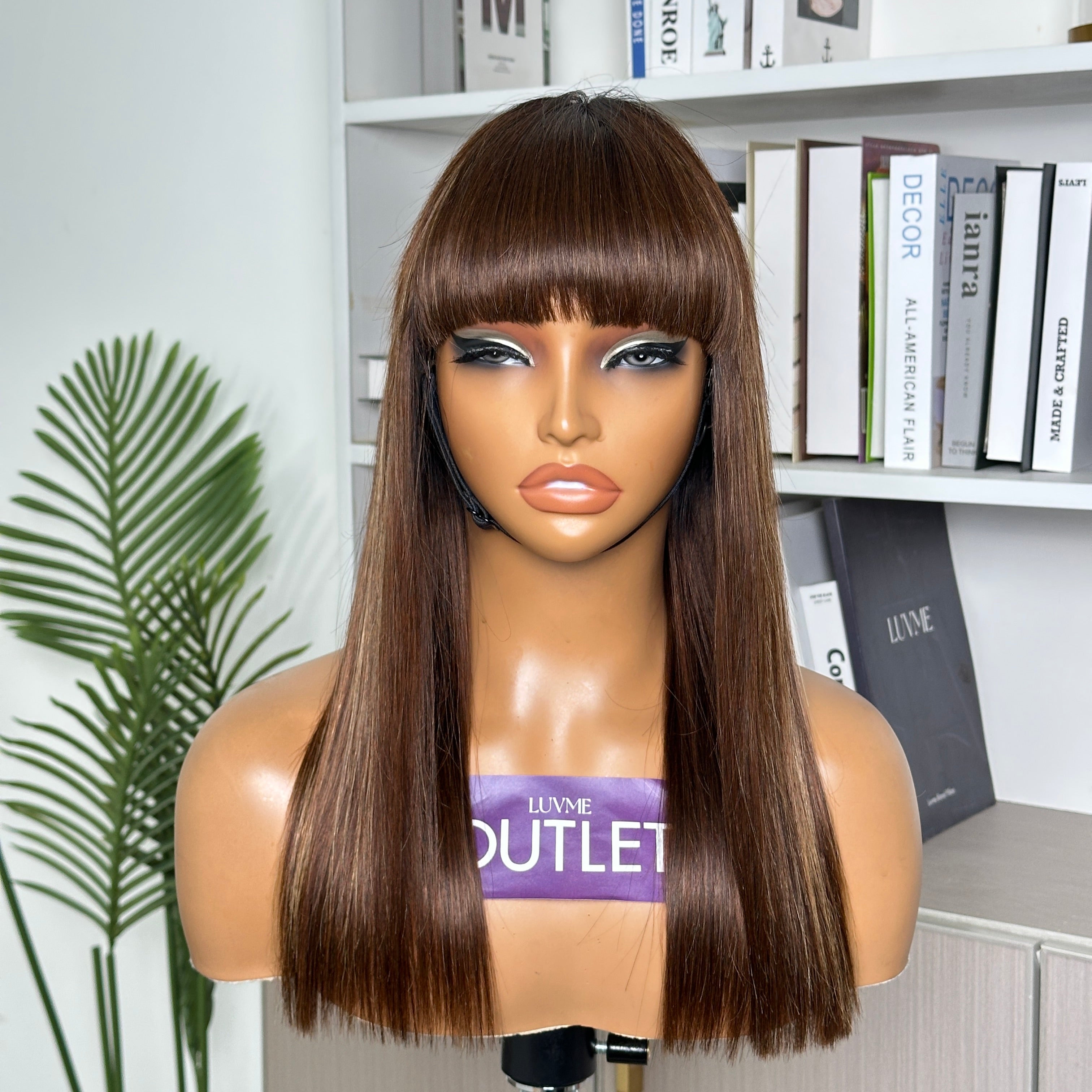 Outlet | Brown Highlight Silky Straight Glueless Wig With Bangs 100% Human Hair-01