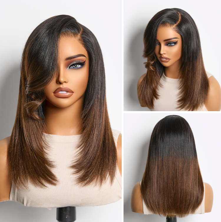 Luvme All-Day Comfort™ Wig 180% Density Ombre Brown Butterfly Cut Layered Light Yaki Straight Glueless 7x6 Closure HD Lace Short Wig Pre-Cut Lace-27