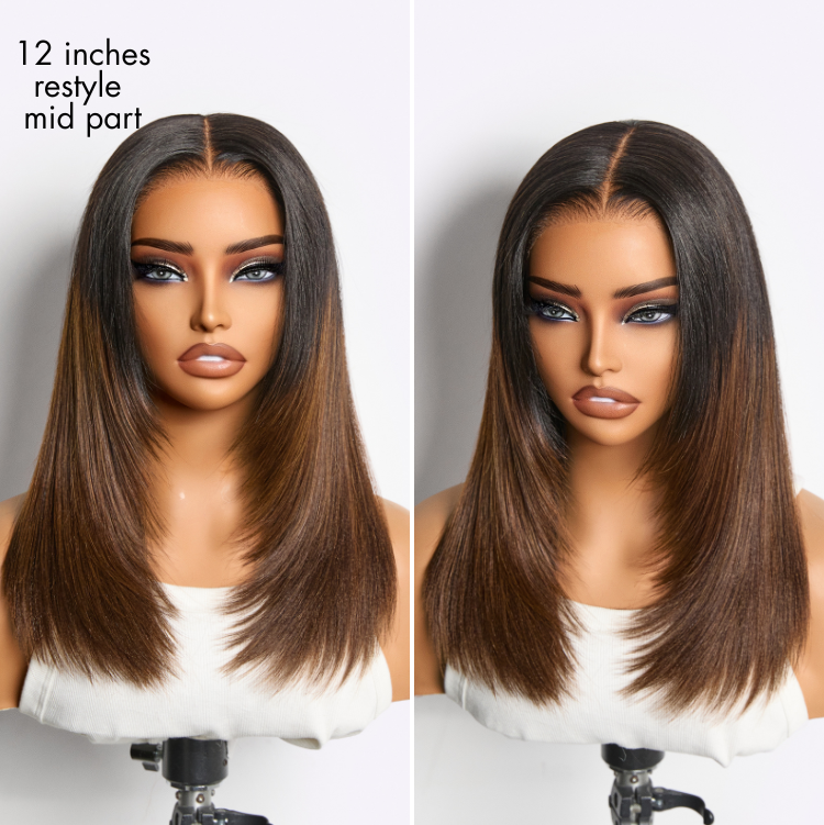 Luvme All-Day Comfort™ Wig 180% Density Ombre Brown Butterfly Cut Layered Light Yaki Straight Glueless 7x6 Closure HD Lace Short Wig Pre-Cut Lace-28