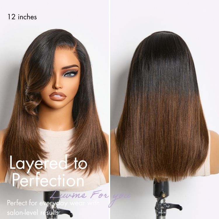Luvme All-Day Comfort™ Wig 180% Density Ombre Brown Butterfly Cut Layered Light Yaki Straight Glueless 7x6 Closure HD Lace Short Wig Pre-Cut Lace-29