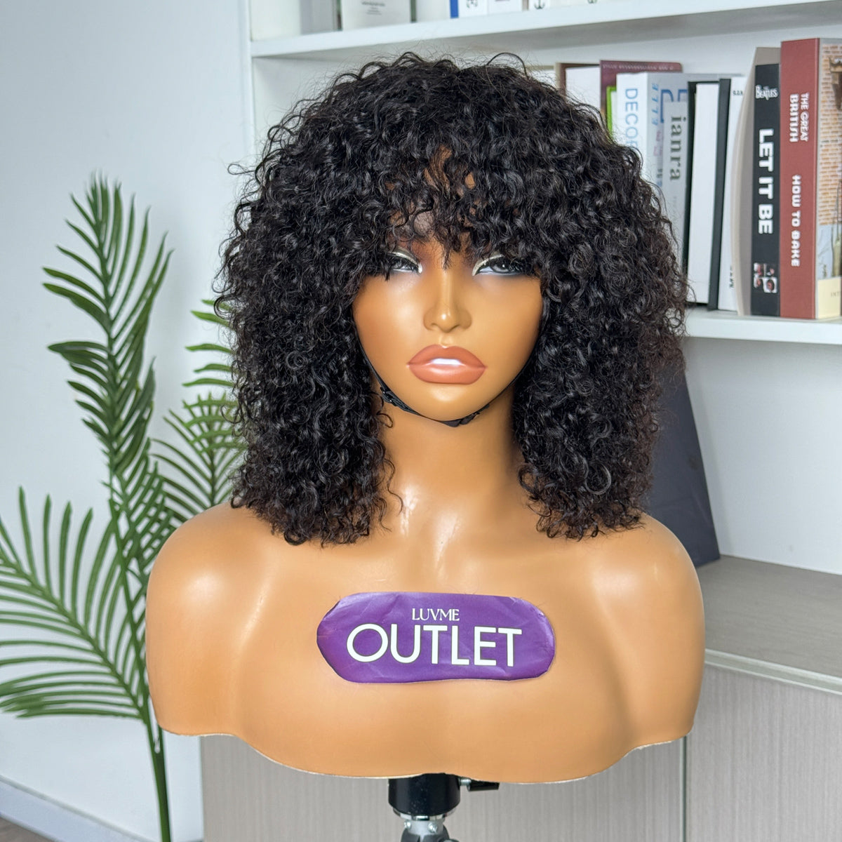 Outlet 6-8'' | Natural Black Kinky Curly Glueless No Lace Wig Wig with Bang-01
